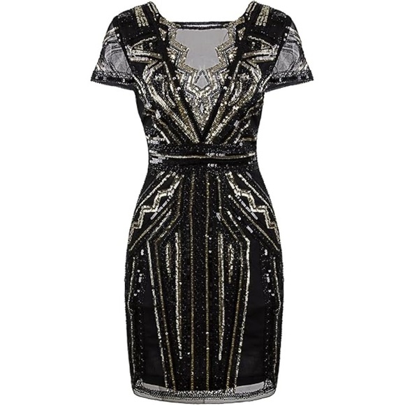 Vijiv Dresses & Skirts - Amazon Cap Sleeve Beaded Black and Gold Dress